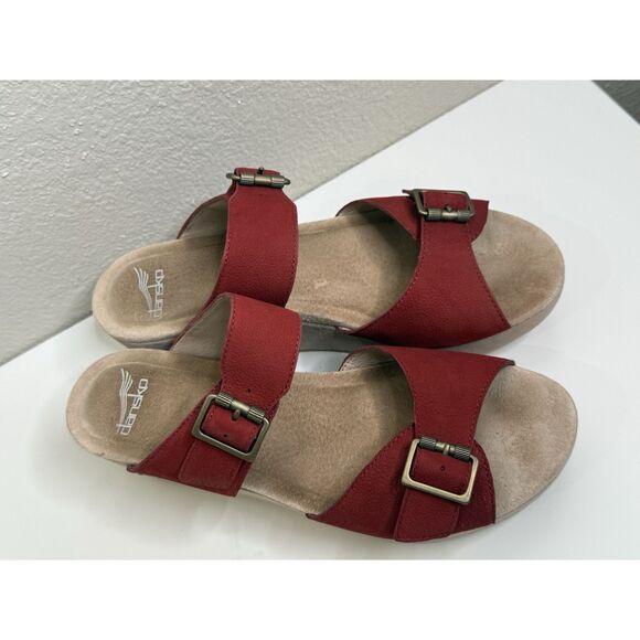 Dansko Selma Leather Red Wedge Platform Shoes 2 Buckled Straps Sandals Size 40 - Picture 2 of 14